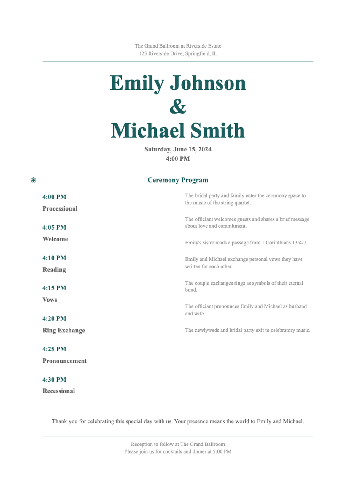 Elegant wedding ceremony timeline program with floral church illustration_variant_1